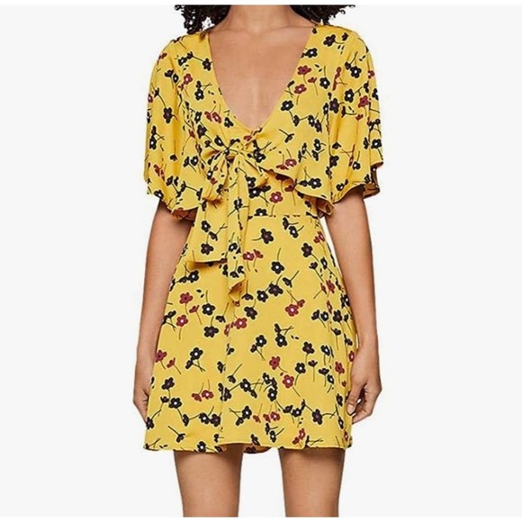 BCBGENERATION | FLORAL TIE FRONT OPEN BACK  MUSTARD DRESS WOMEN'S SIZE S… - Picture 1 of 17